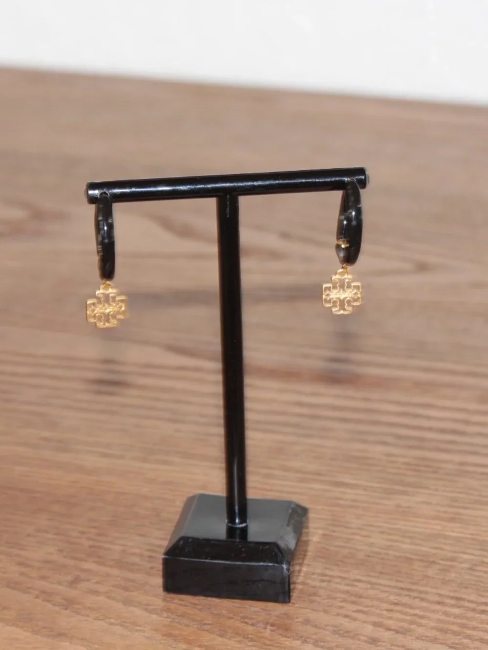 Tory Burch Black Hoop Logo Charm Earrings NWT